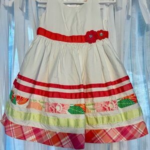 Gymboree White Dress with Coral, Plaid and  Hot Pink Stripes